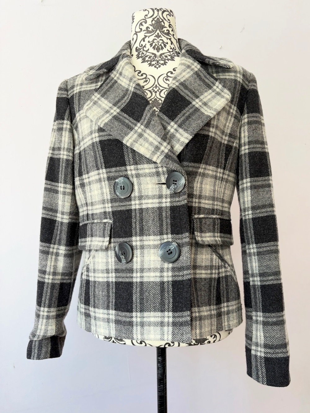 Anne Klein 100% Lambswool Black & White Plaid Double-Breasted Peacoat Size 4